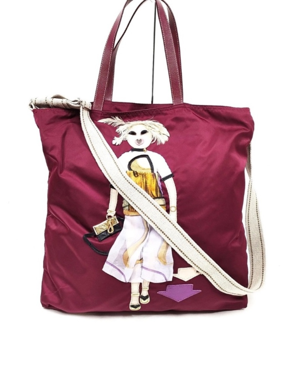 Prada Tessuto Robot Doll Tote in Barolo / Burgundy with long strap